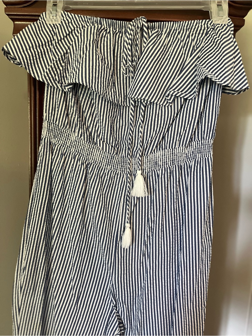 J. Crew Navy and White Striped Off-Shoulder Jumpsuit